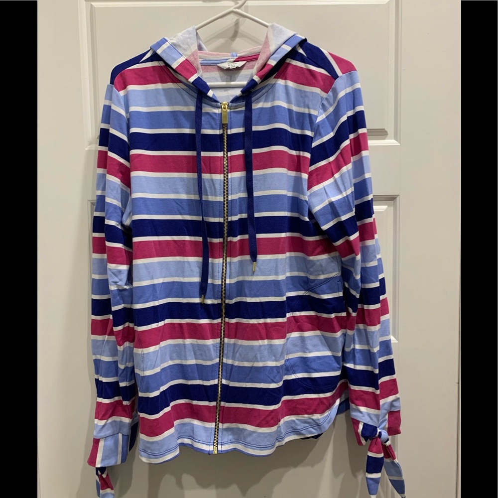 Crown & Ivy adorable striped zip hoodie with tie sleeves